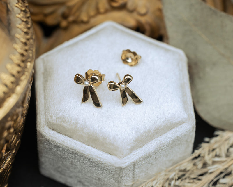 14K BOW EARRINGS WITH SEED PEARLS-Staghead Designs