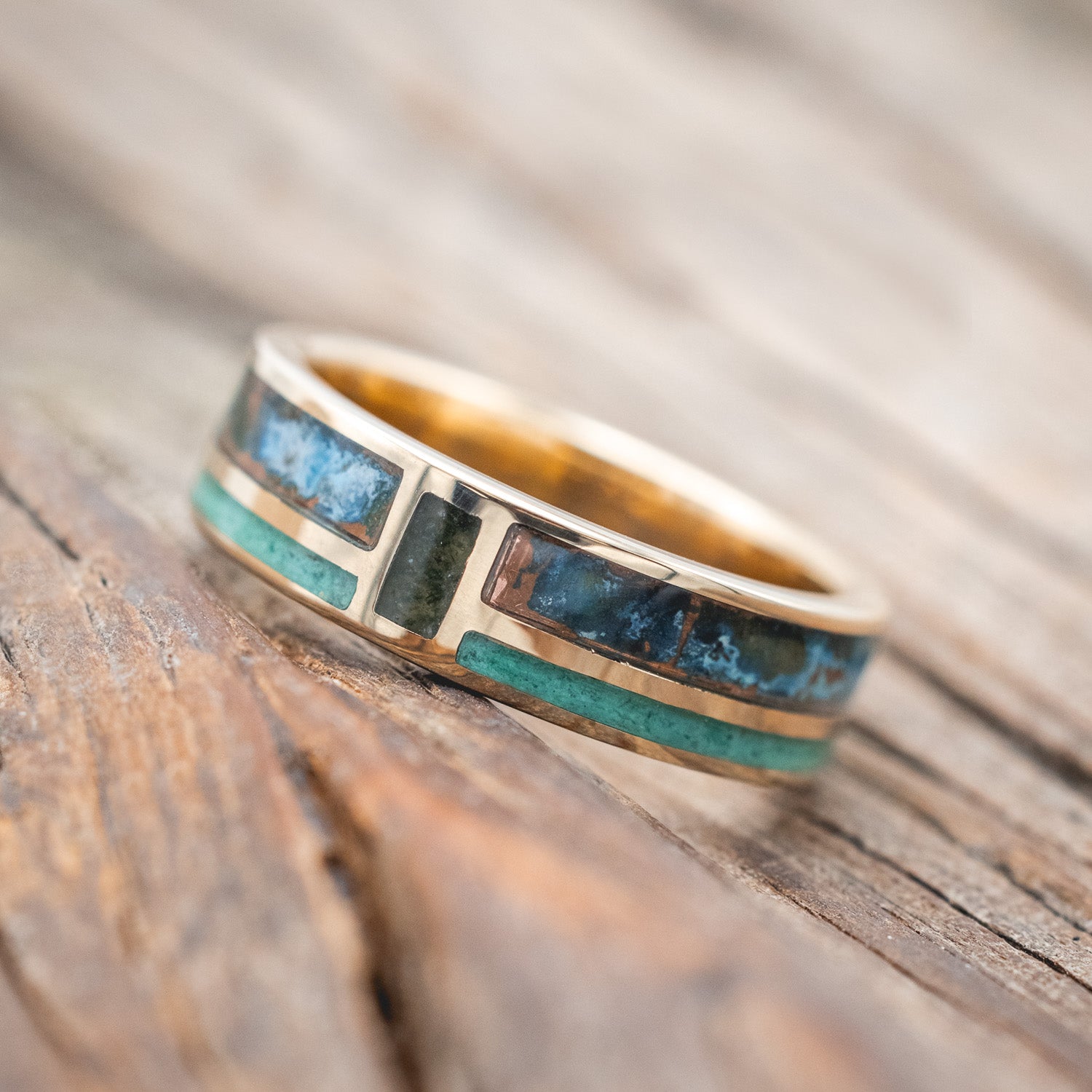 "BOWER" - PATINA COPPER, MALACHITE & MOSS AGATE WEDDING BAND-Staghead Designs