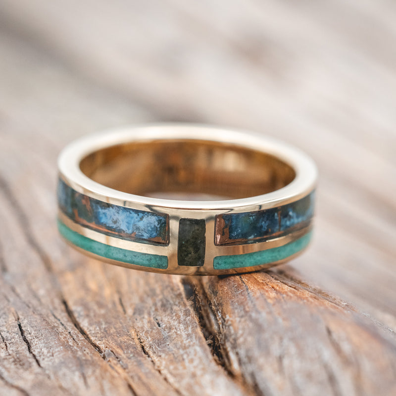 "BOWER" - PATINA COPPER, MALACHITE & MOSS AGATE WEDDING BAND