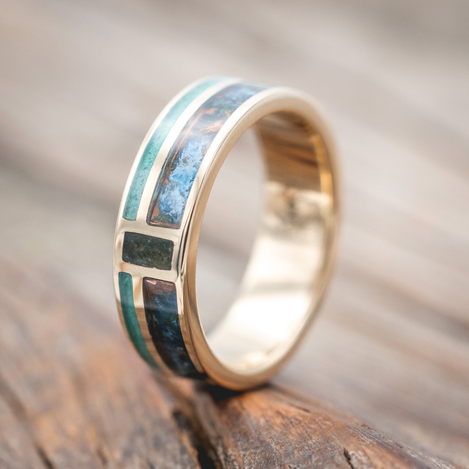 "BOWER" - PATINA COPPER, MALACHITE & MOSS AGATE WEDDING BAND-Staghead Designs