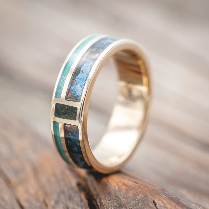 "BOWER" - PATINA COPPER, MALACHITE & MOSS AGATE WEDDING BAND