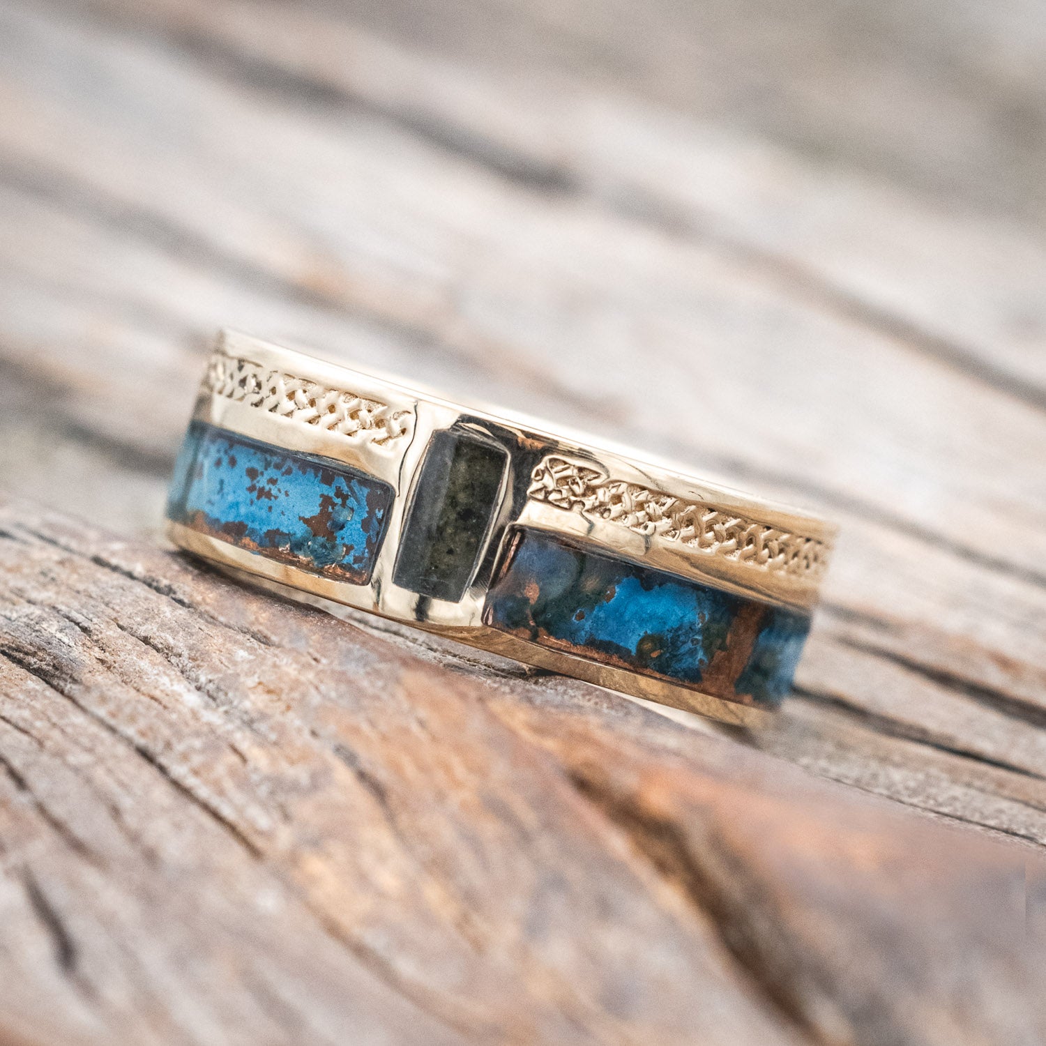 "BOWER" - PATINA COPPER & MOSS AGATE WEDDING BAND WITH CELTIC SAILOR'S KNOT ENGRAVINGS-Staghead Designs