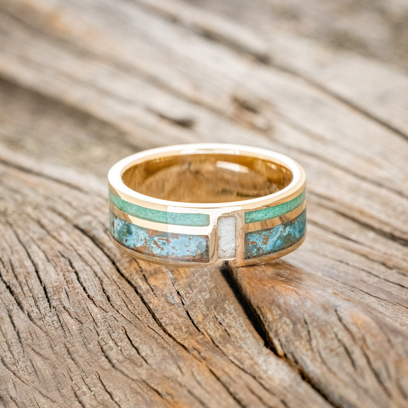 "BOWER" - PATINA COPPER, MALACHITE & MOTHER OF PEARL WEDDING RING FEATURING A 14K GOLD BAND
