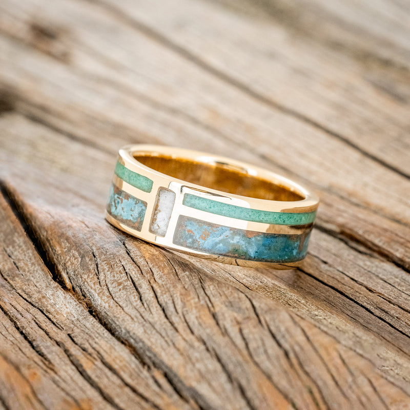 "BOWER" - PATINA COPPER, MALACHITE & MOTHER OF PEARL WEDDING RING FEATURING A 14K GOLD BAND