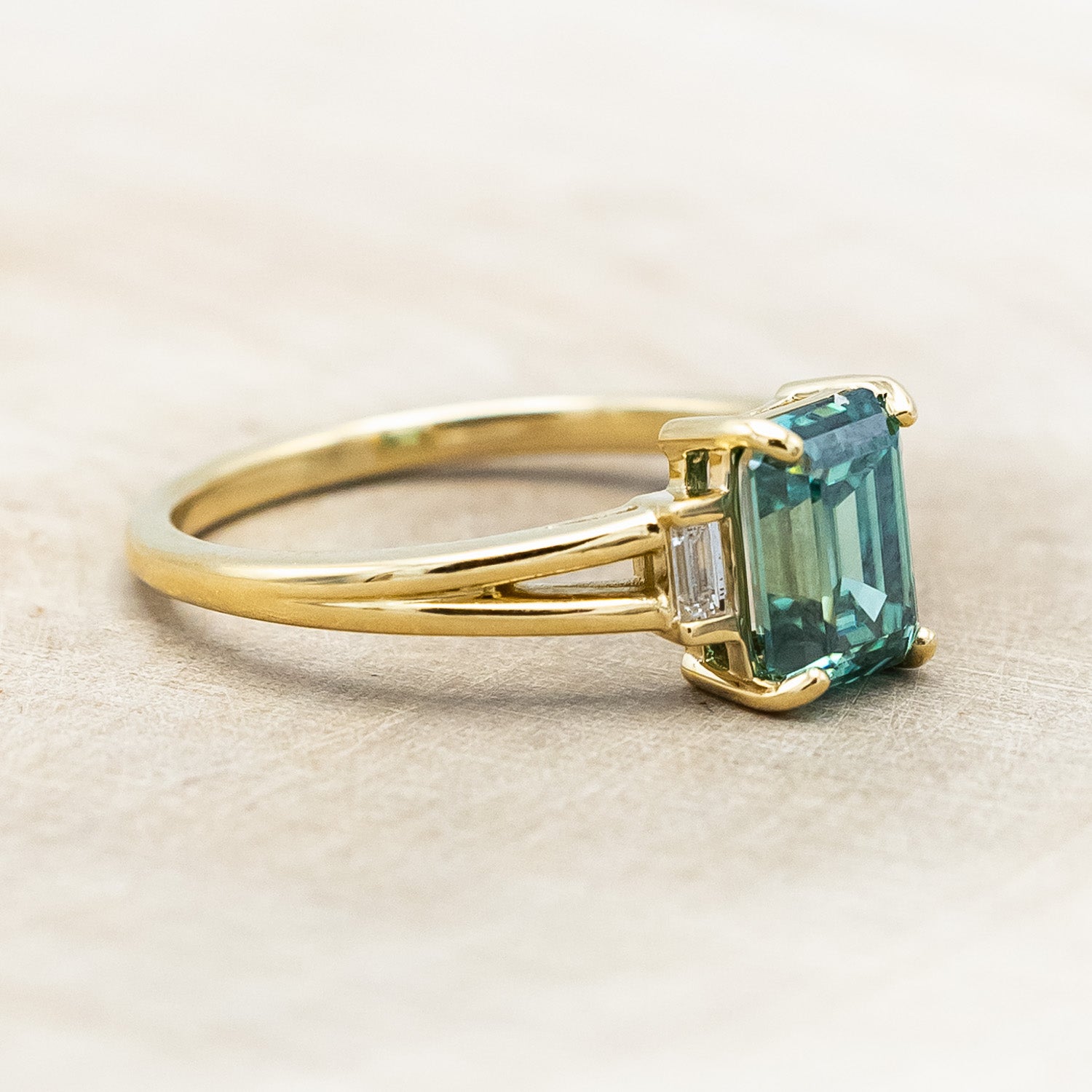 "CORELLA" - EMERALD CUT GREEN MOISSANITE ENGAGEMENT RING WITH DIAMOND ACCENTS-Staghead Designs