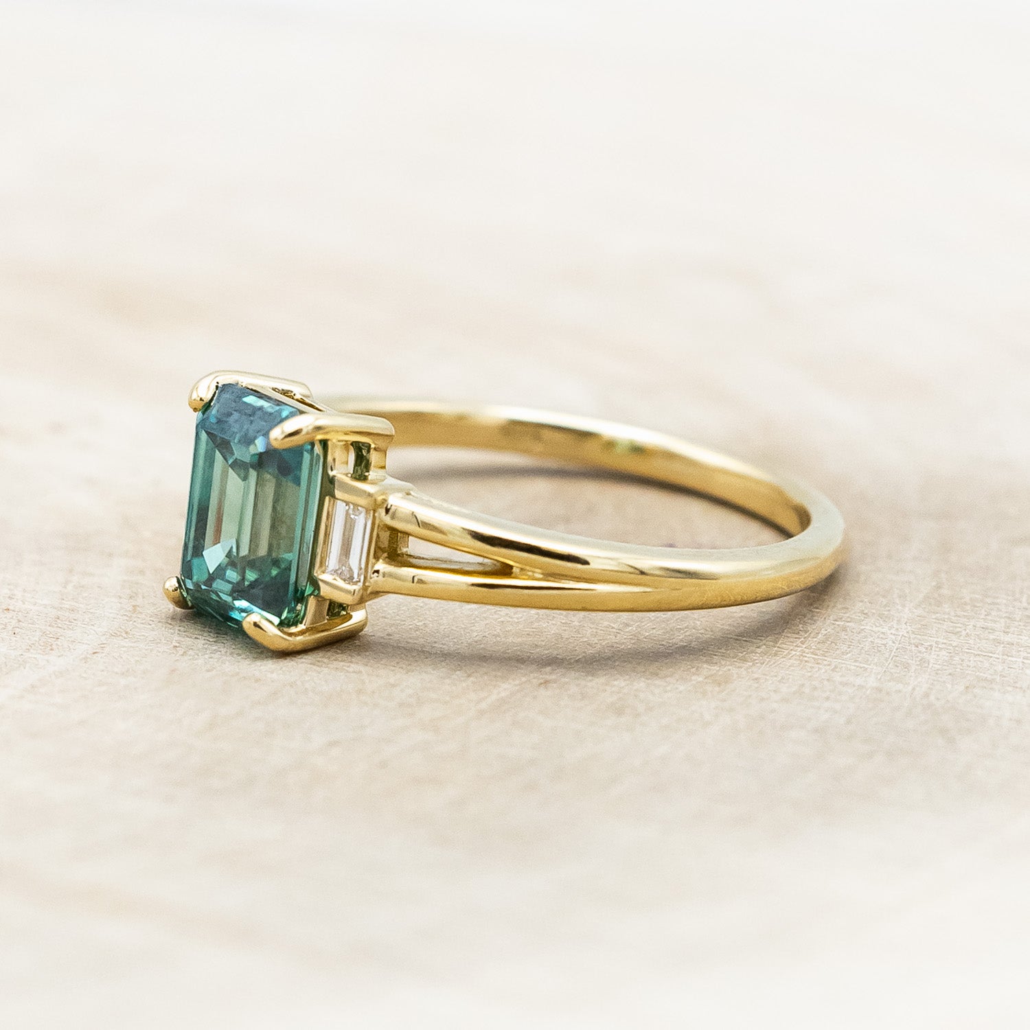 "CORELLA" - EMERALD CUT GREEN MOISSANITE ENGAGEMENT RING WITH DIAMOND ACCENTS-Staghead Designs
