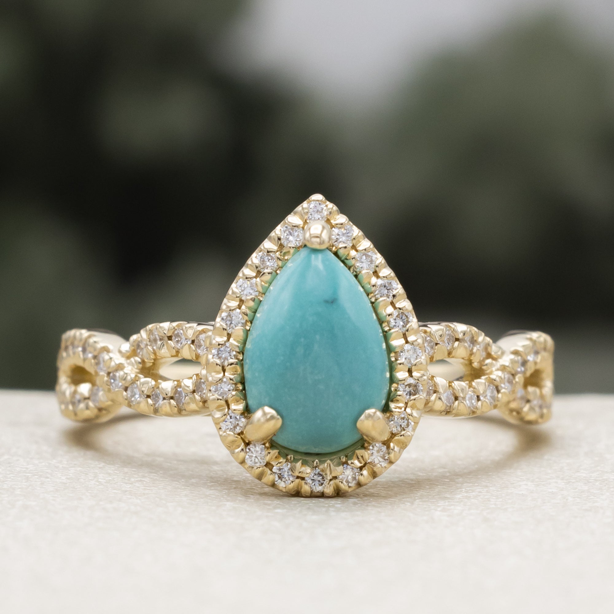 "Bridgette" - Pear Cabochon Cut Turquoise Engagement Ring With Diamond Halo & Accents