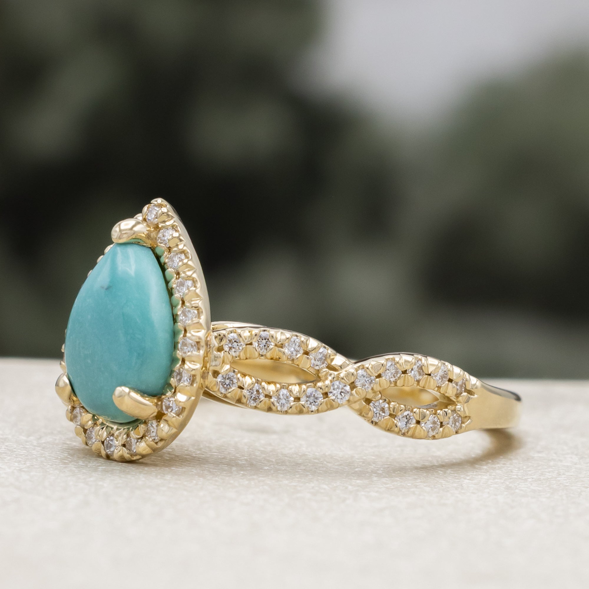"Bridgette" - Pear Cabochon Cut Turquoise Engagement Ring With Diamond Halo & Accents