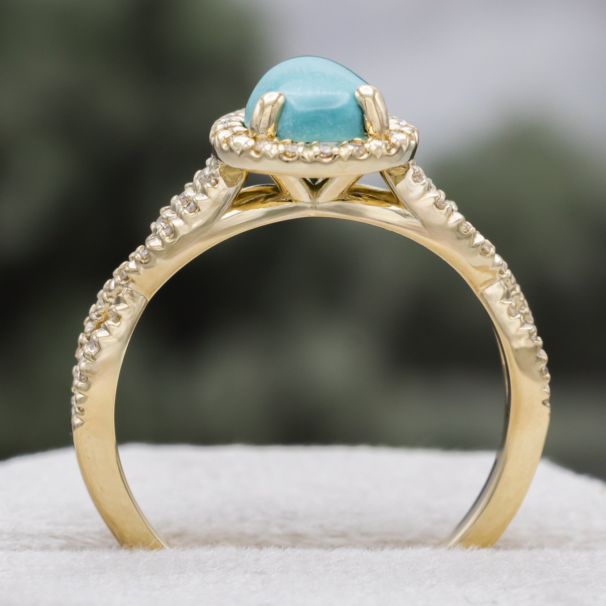 "Bridgette" - Pear Cabochon Cut Turquoise Engagement Ring With Diamond Halo & Accents