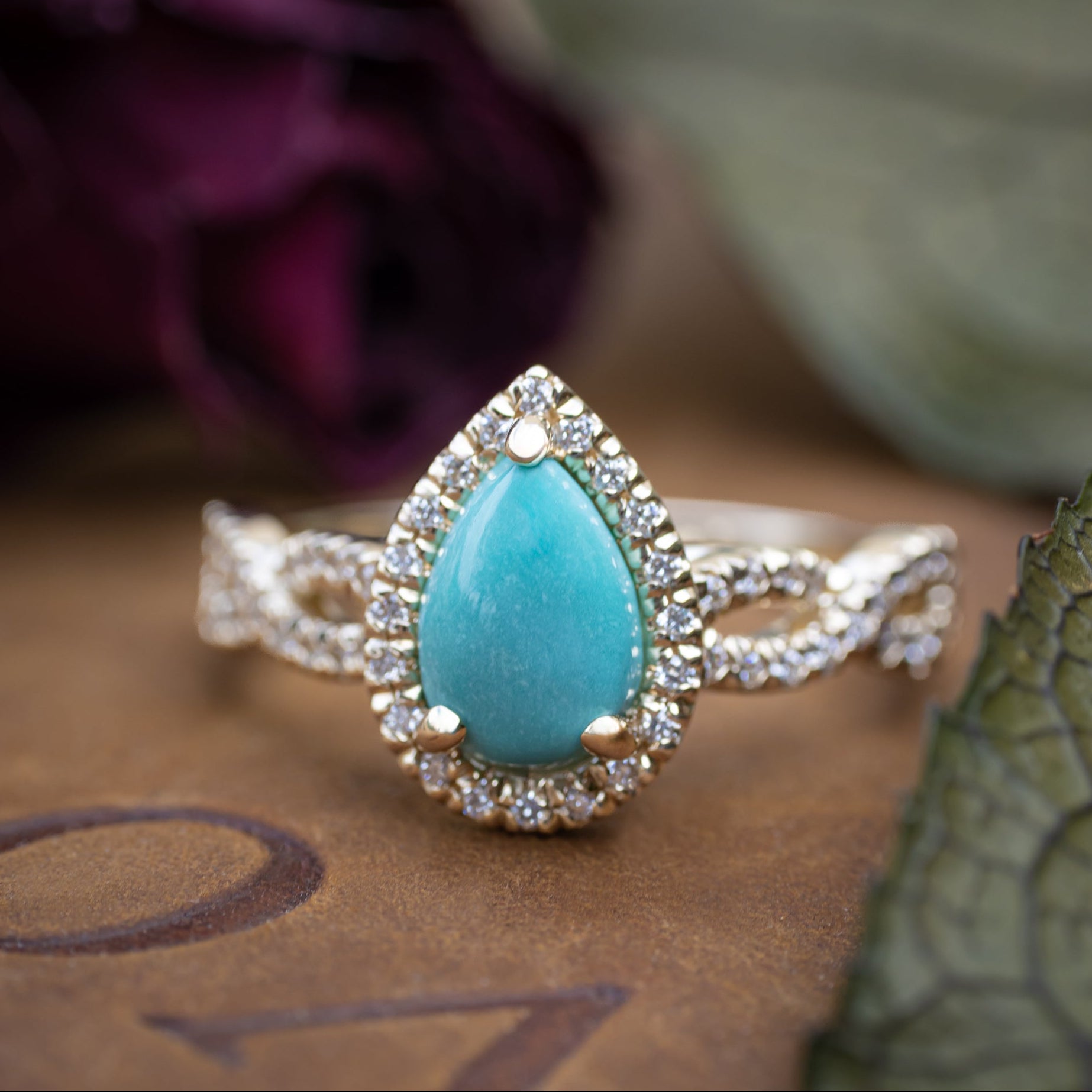 "Bridgette" - Pear Cabochon Cut Turquoise Engagement Ring With Diamond Halo & Accents