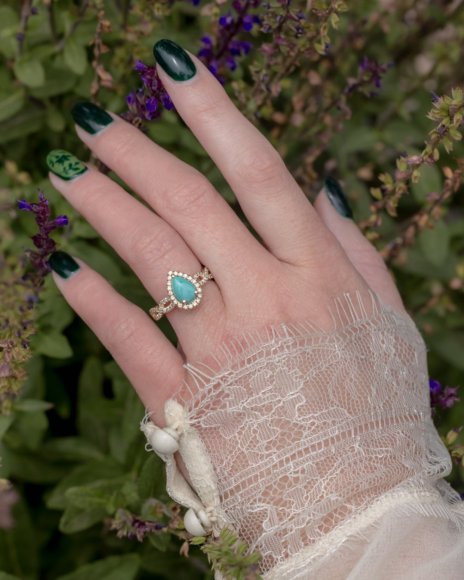 "Bridgette" - Pear Cabochon Cut Turquoise Engagement Ring With Diamond Halo & Accents