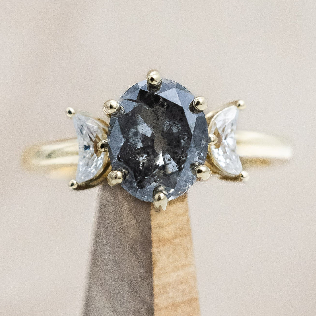 ONE-OF-A-KIND - "CANDI" - SALT & PEPPER DIAMOND ENGAGEMENT RING WITH TWO CRESCENT MOON MOISSANITE ACCENTS-Staghead Designs