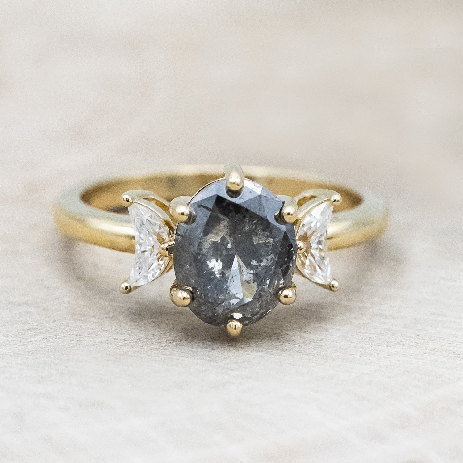 ONE-OF-A-KIND - "CANDI" - SALT & PEPPER DIAMOND ENGAGEMENT RING WITH TWO CRESCENT MOON MOISSANITE ACCENTS-Staghead Designs