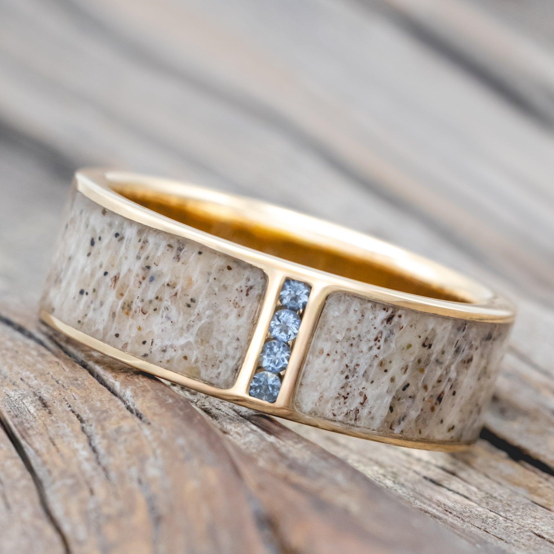 "Caspian" - Aquamarine Accented Wedding Ring With A Single Inlay
