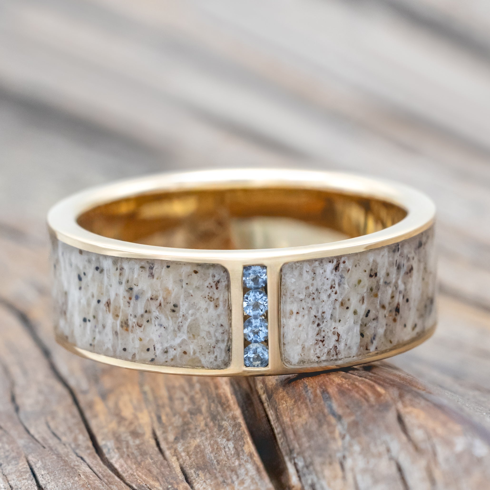 "Caspian" - Aquamarine Accented Wedding Ring With A Single Inlay