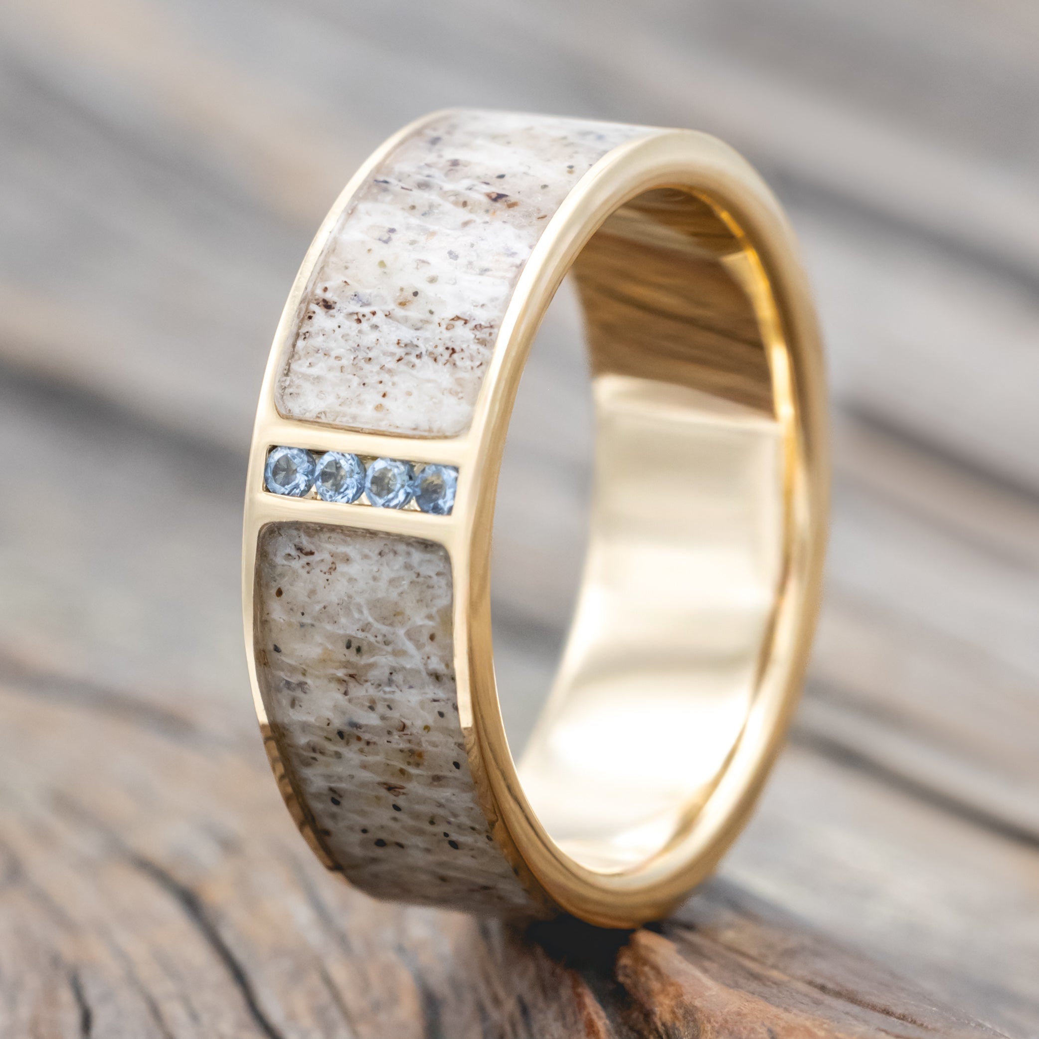 "Caspian" - Aquamarine Accented Wedding Ring With A Single Inlay