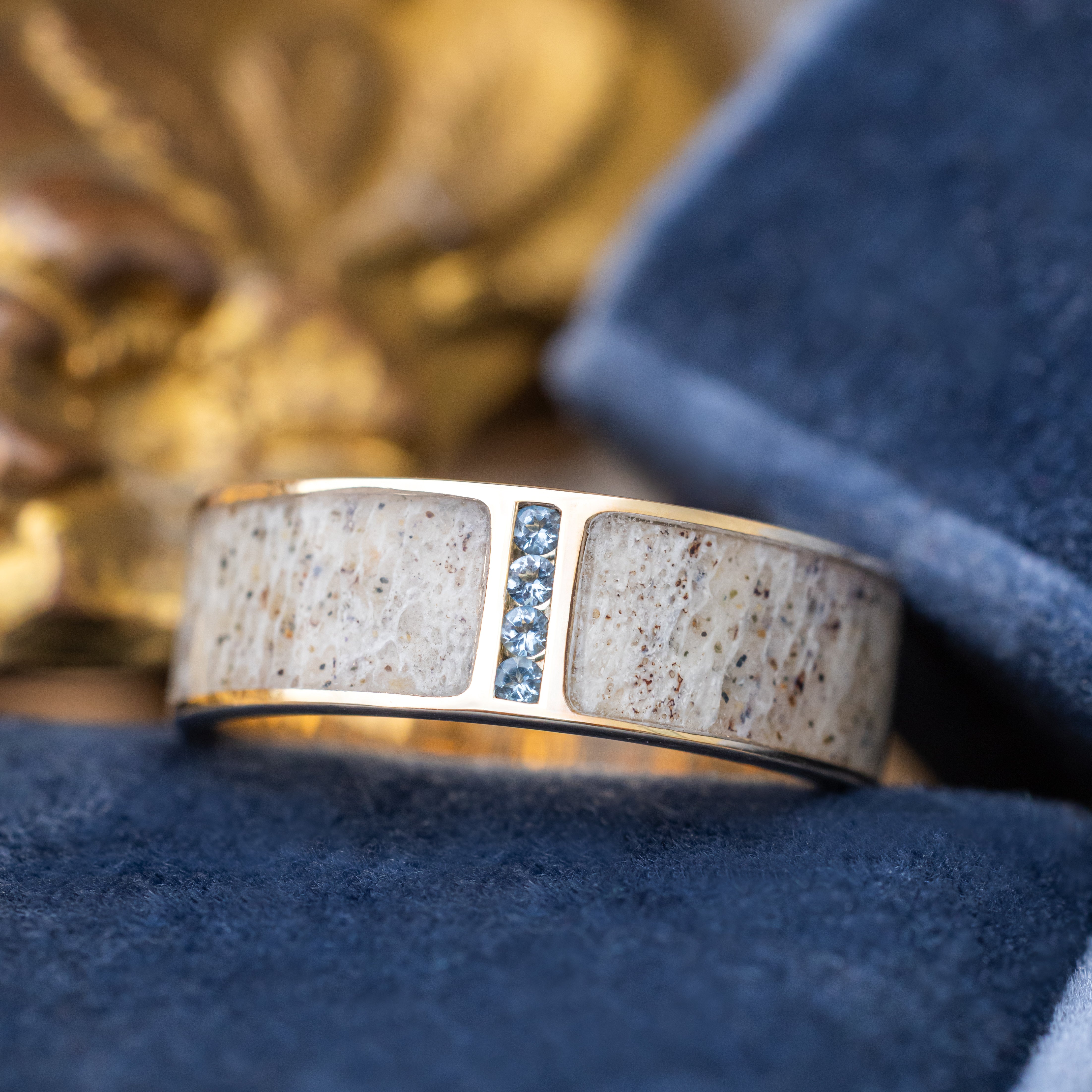 "Caspian" - Aquamarine Accented Wedding Ring With A Single Inlay