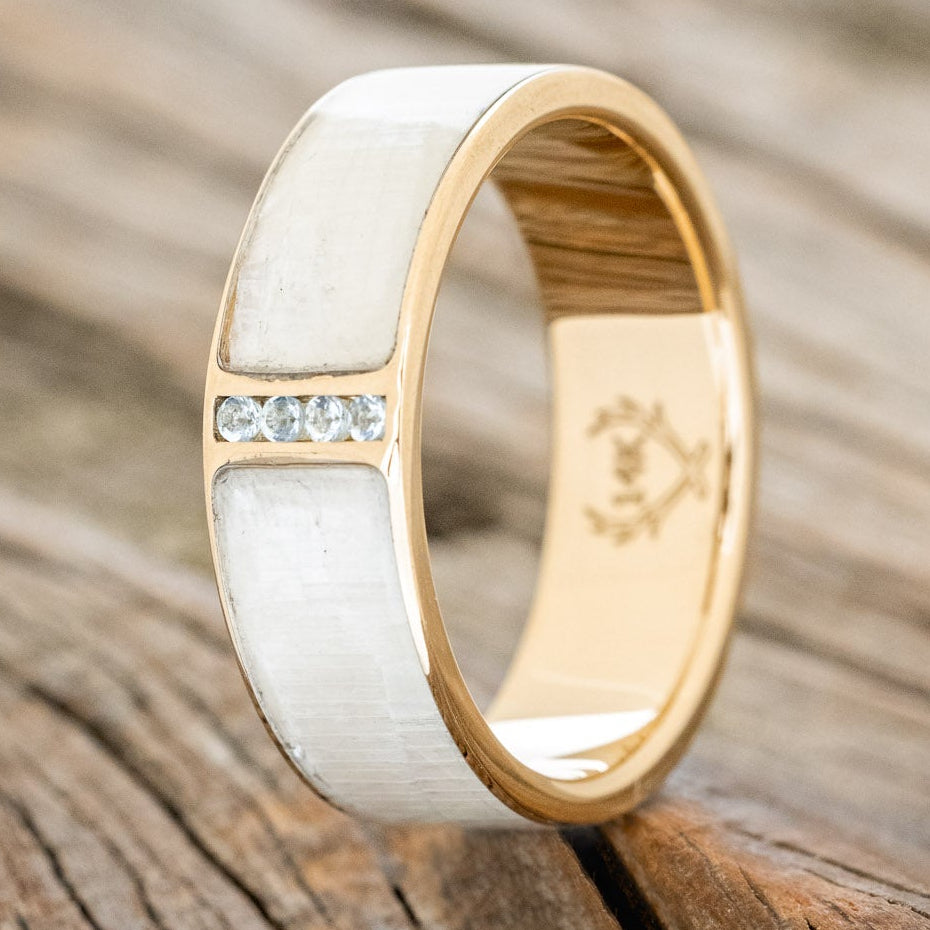 "CASPIAN" - AQUAMARINE ACCENTED WEDDING RING WITH A SINGLE INLAY-Staghead Designs