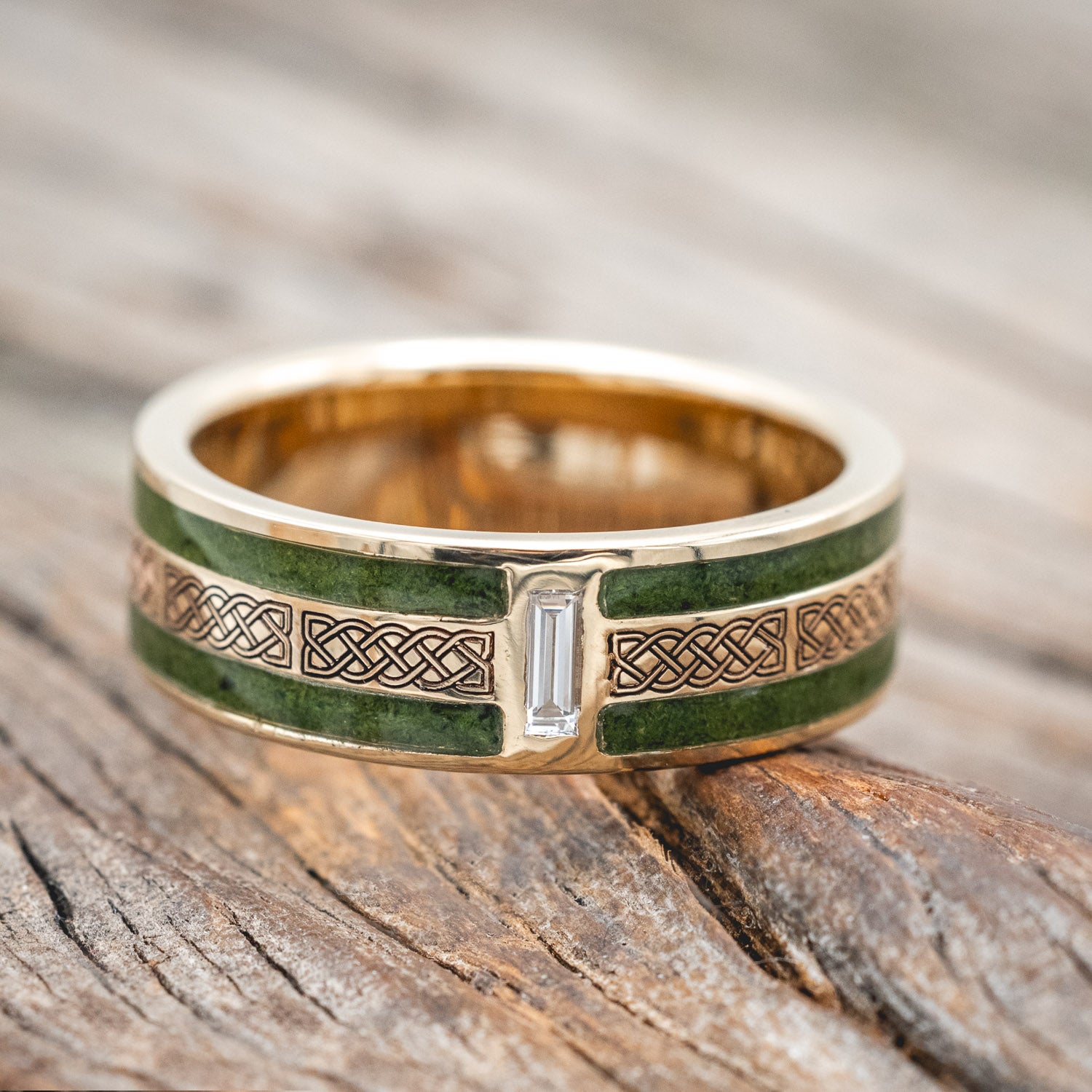 "RYDER" - CELTIC SAILOR'S KNOT ENGRAVED WEDDING RING WITH LAB-GROWN DIAMOND ACCENT & MOSS INLAYS-Staghead Designs