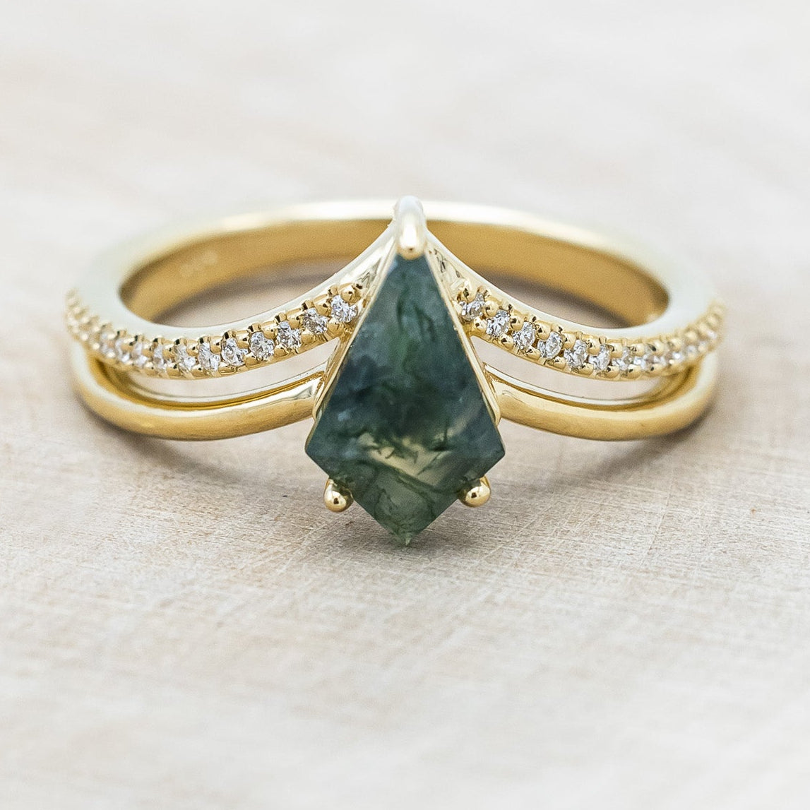 "CICELY" - KITE CUT MOSS AGATE ENGAGEMENT RING WITH DIAMOND ACCENTS-Staghead Designs