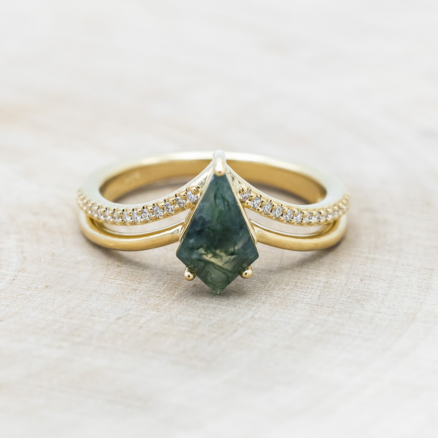 "CICELY" - KITE CUT MOSS AGATE ENGAGEMENT RING WITH DIAMOND ACCENTS-Staghead Designs