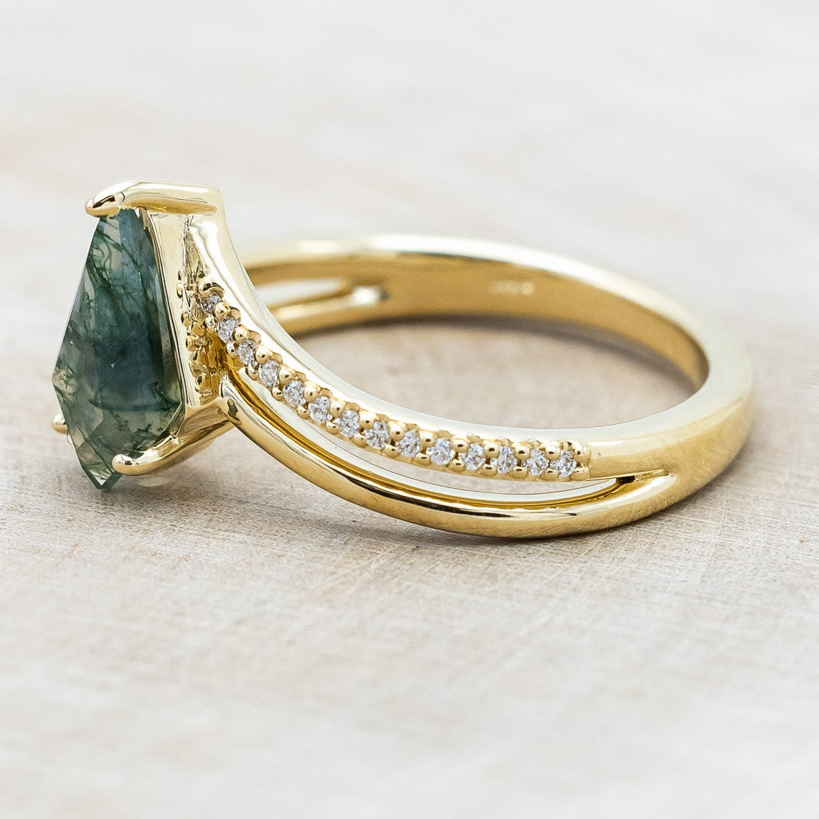 "CICELY" - KITE CUT MOSS AGATE ENGAGEMENT RING WITH DIAMOND ACCENTS-Staghead Designs