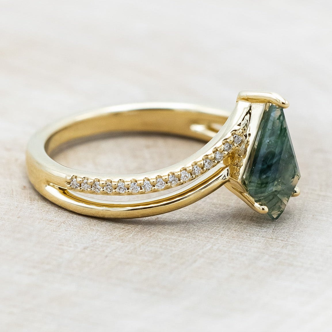 "CICELY" - KITE CUT MOSS AGATE ENGAGEMENT RING WITH DIAMOND ACCENTS-Staghead Designs