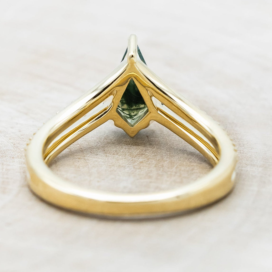 "CICELY" - KITE CUT MOSS AGATE ENGAGEMENT RING WITH DIAMOND ACCENTS-Staghead Designs