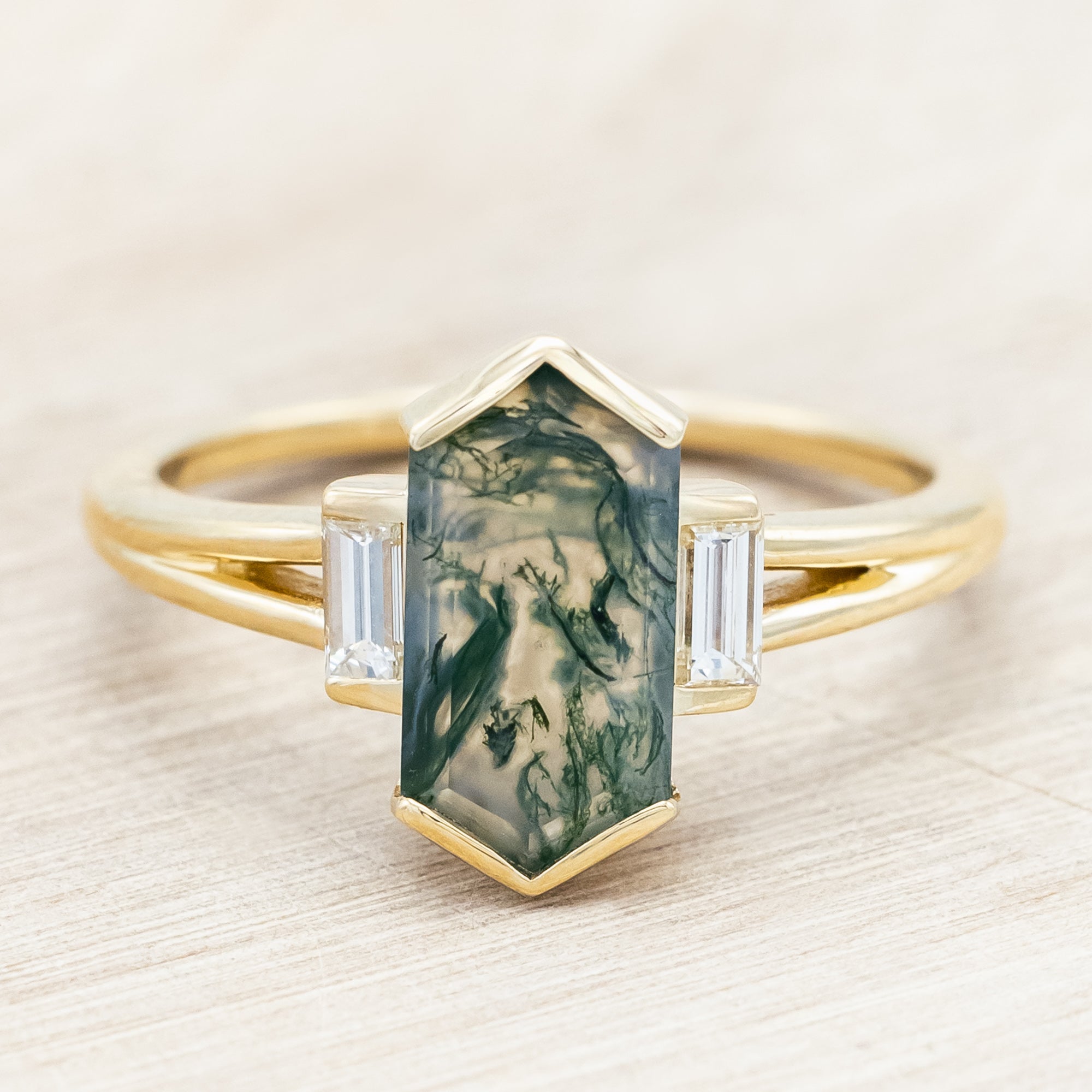 "CORELLA" - HALF BEZEL SET ELONGATED HEXAGON CUT MOSS AGATE ENGAGEMENT RING WITH DIAMOND ACCENTS-Staghead Designs