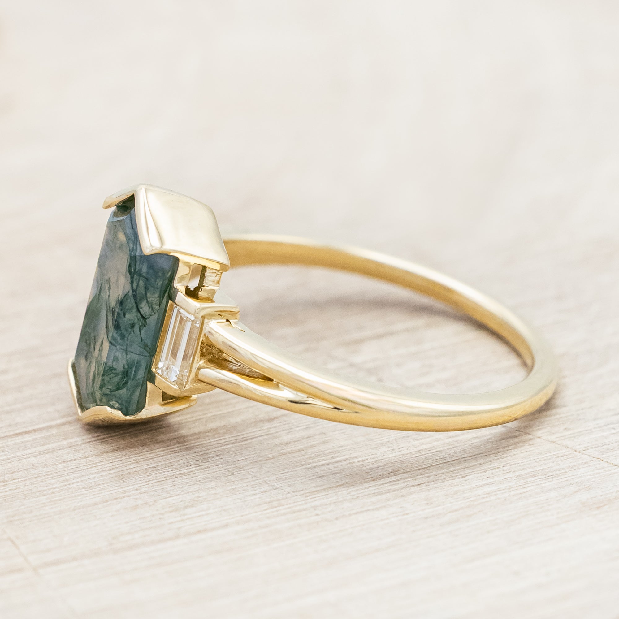 "CORELLA" - HALF BEZEL SET ELONGATED HEXAGON CUT MOSS AGATE ENGAGEMENT RING WITH DIAMOND ACCENTS-Staghead Designs