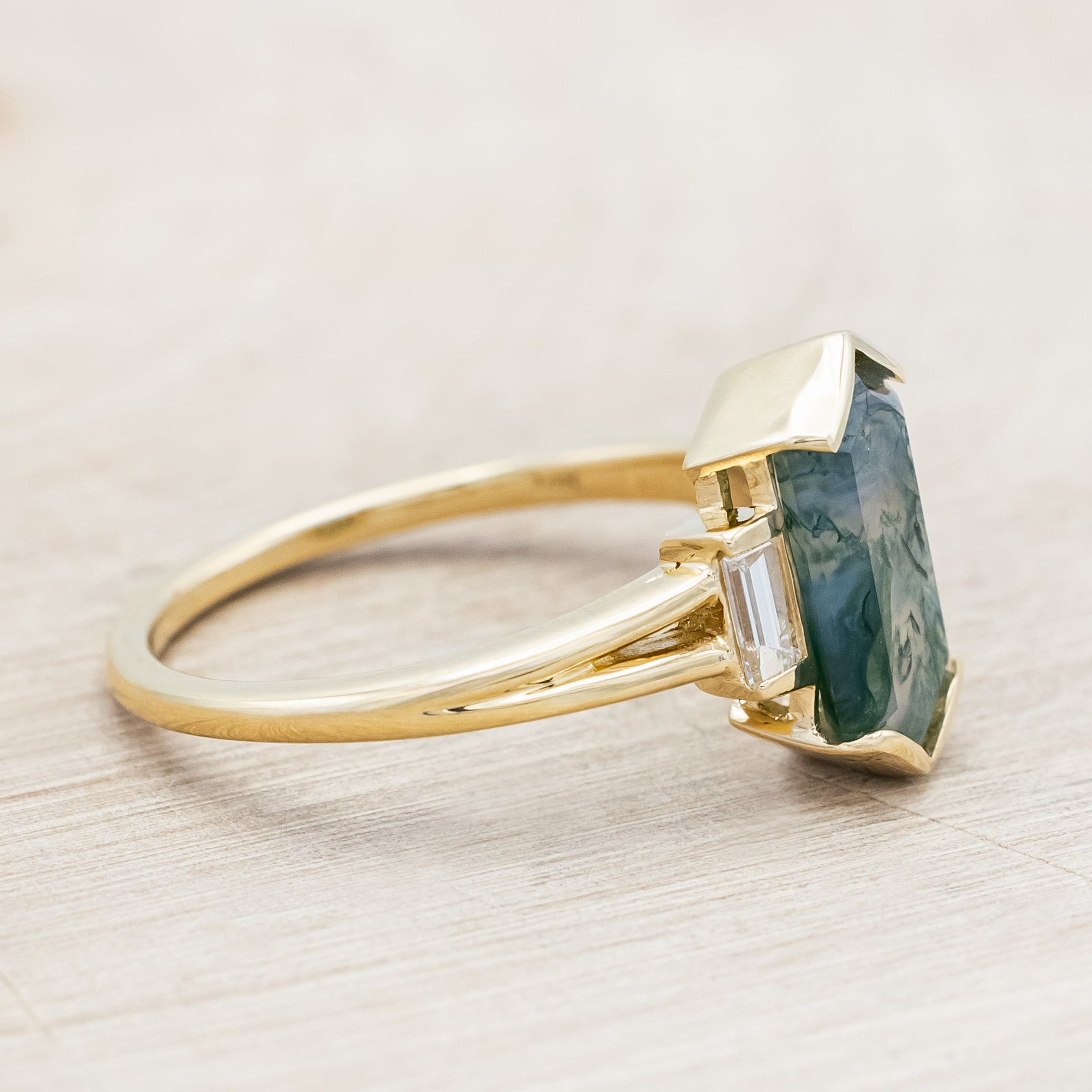 "CORELLA" - HALF BEZEL SET ELONGATED HEXAGON CUT MOSS AGATE ENGAGEMENT RING WITH DIAMOND ACCENTS-Staghead Designs