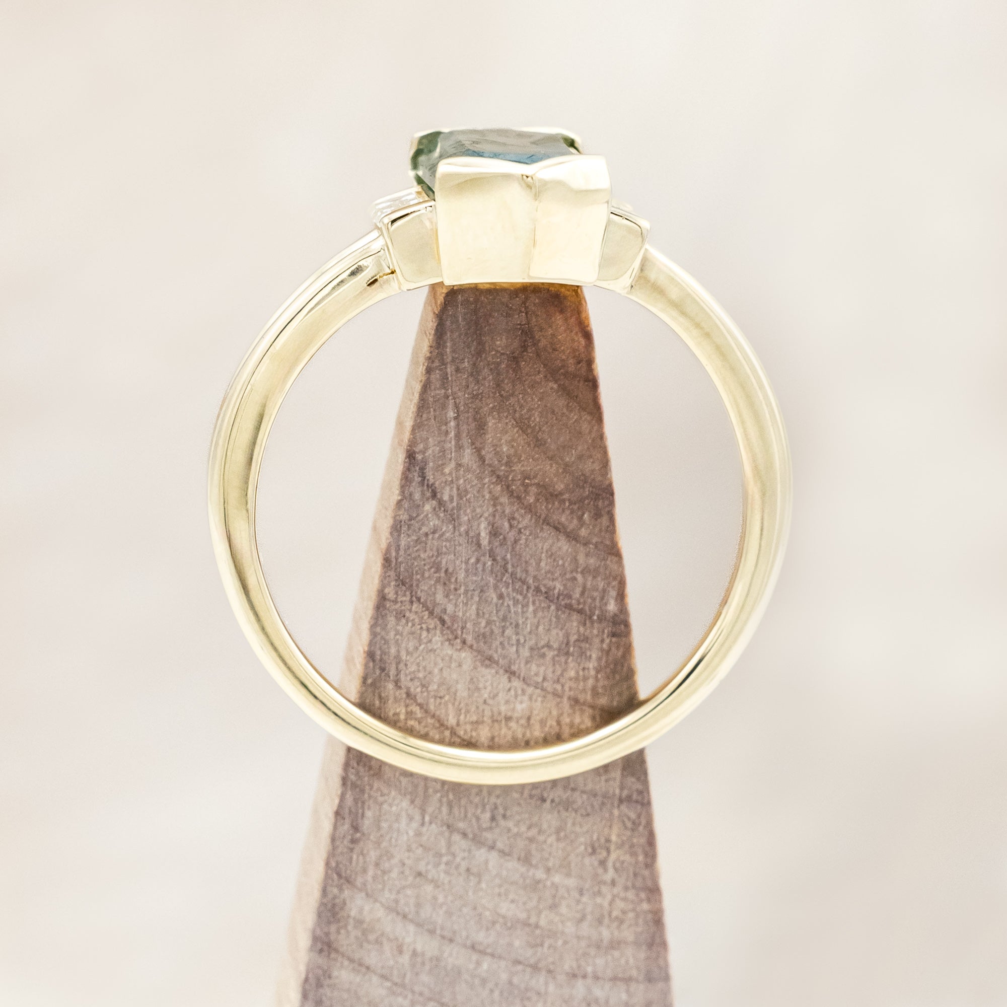 "CORELLA" - HALF BEZEL SET ELONGATED HEXAGON CUT MOSS AGATE ENGAGEMENT RING WITH DIAMOND ACCENTS-Staghead Designs