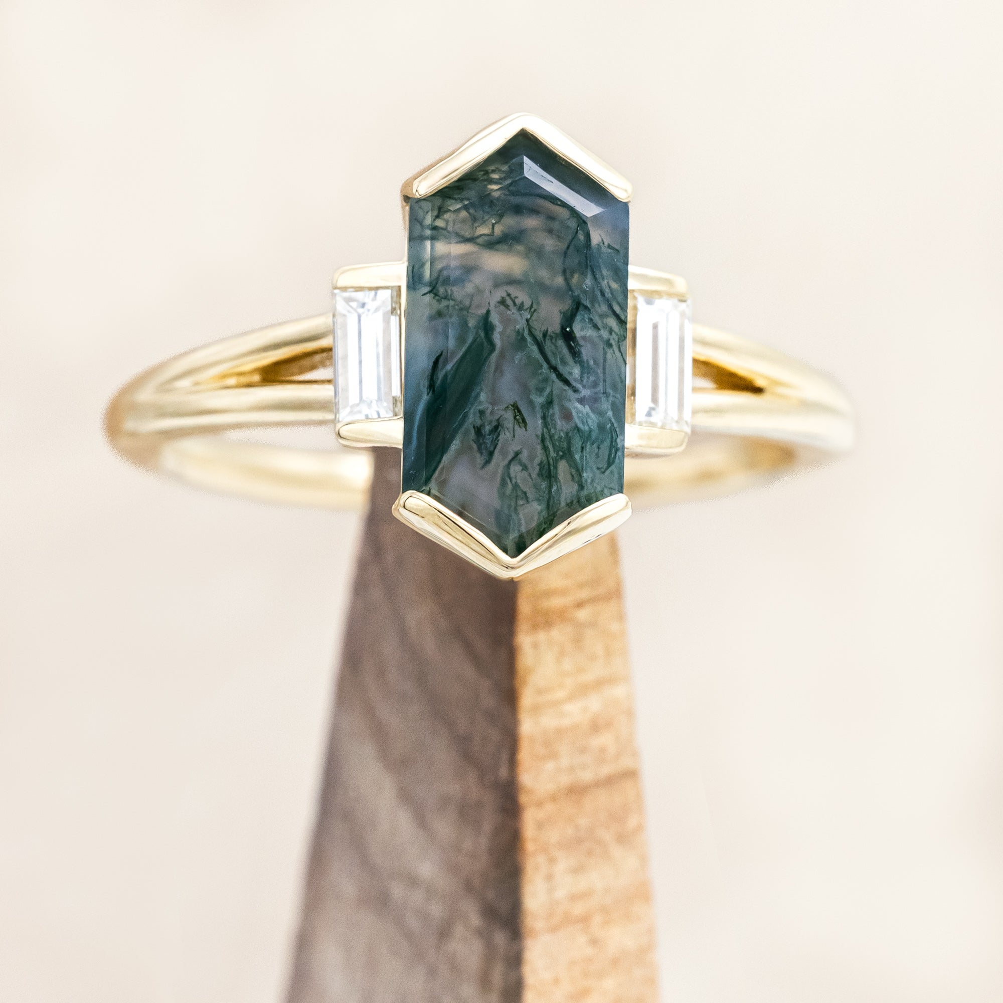 "CORELLA" - HALF BEZEL SET ELONGATED HEXAGON CUT MOSS AGATE ENGAGEMENT RING WITH DIAMOND ACCENTS-Staghead Designs