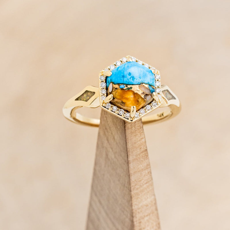 "CRAZY ON YOU" - HEXAGON SPINY OYSTER TURQUOISE ENGAGEMENT RING WITH DIAMOND HALO & FIRE AND ICE OPAL INLAYS