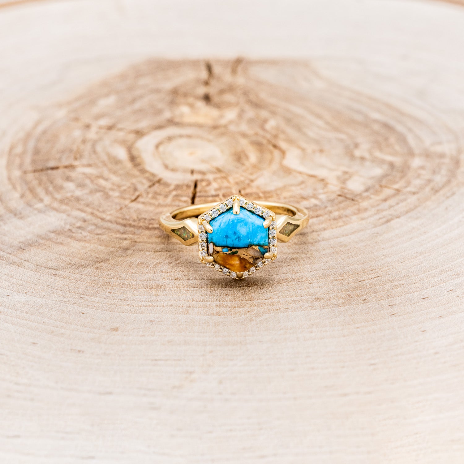 "CRAZY ON YOU" - HEXAGON SPINY OYSTER TURQUOISE ENGAGEMENT RING WITH DIAMOND HALO & FIRE AND ICE OPAL INLAYS-4