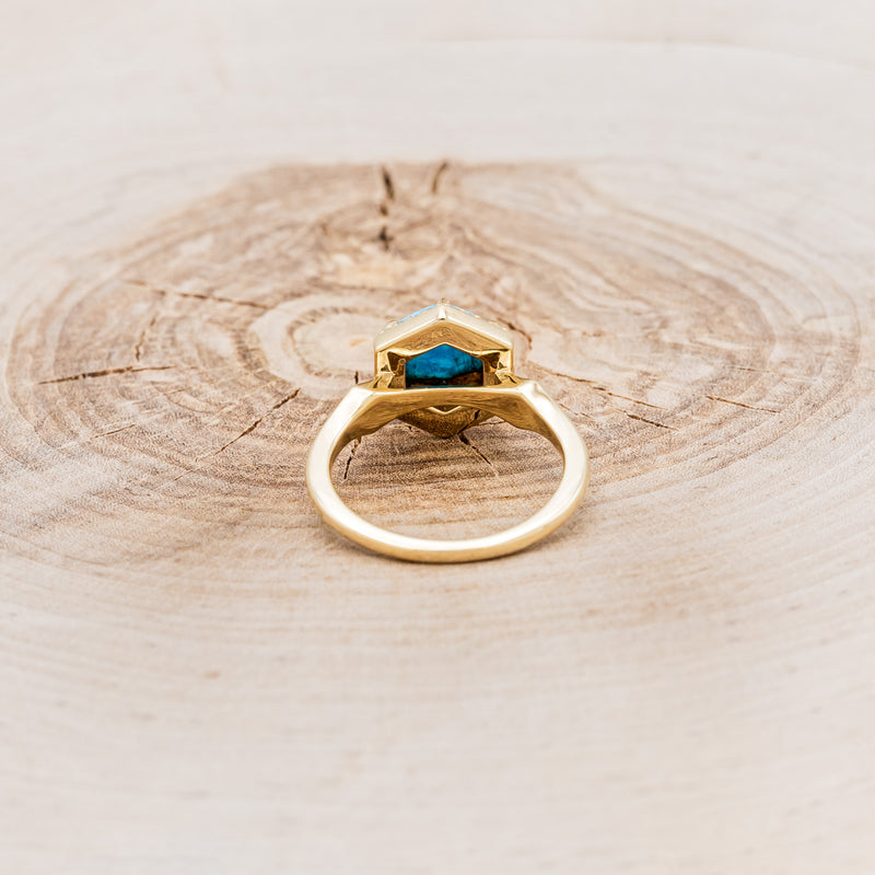 "CRAZY ON YOU" - HEXAGON SPINY OYSTER TURQUOISE ENGAGEMENT RING WITH DIAMOND HALO & FIRE AND ICE OPAL INLAYS