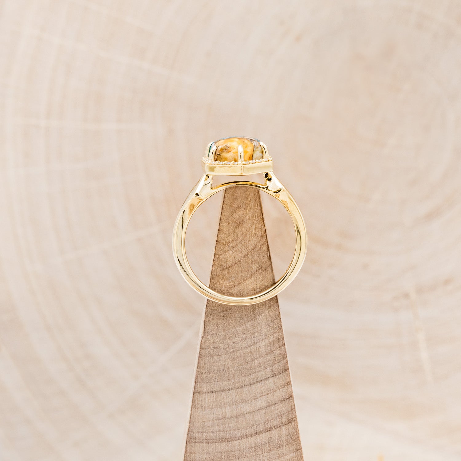 "CRAZY ON YOU" - HEXAGON SPINY OYSTER TURQUOISE ENGAGEMENT RING WITH DIAMOND HALO & FIRE AND ICE OPAL INLAYS-6