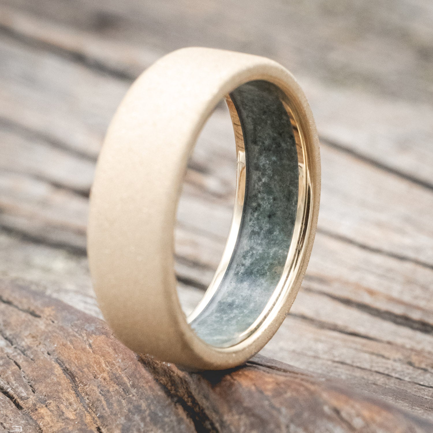 CRUSHED MOSS AGATE LINED WEDDING BAND WITH A SANDBLASTED FINISH-Staghead Designs