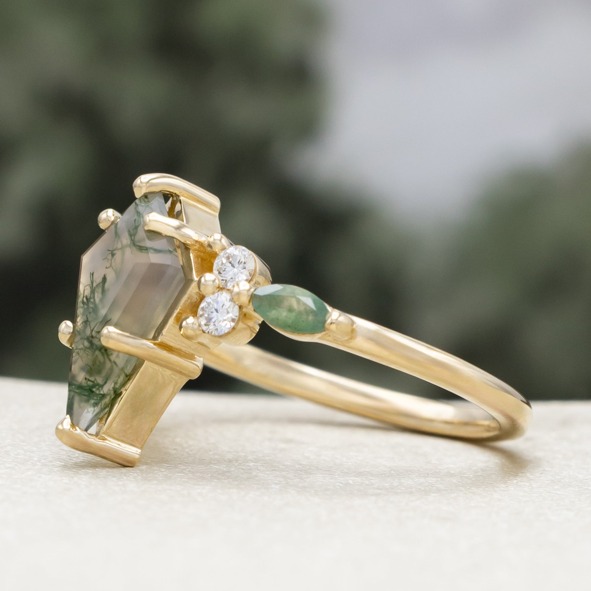 "Sage" - Kite Cut Moss Agate Engagement Ring With Diamond & Moss Agate Accents - 14K Yellow Gold - Size 5-Staghead Designs