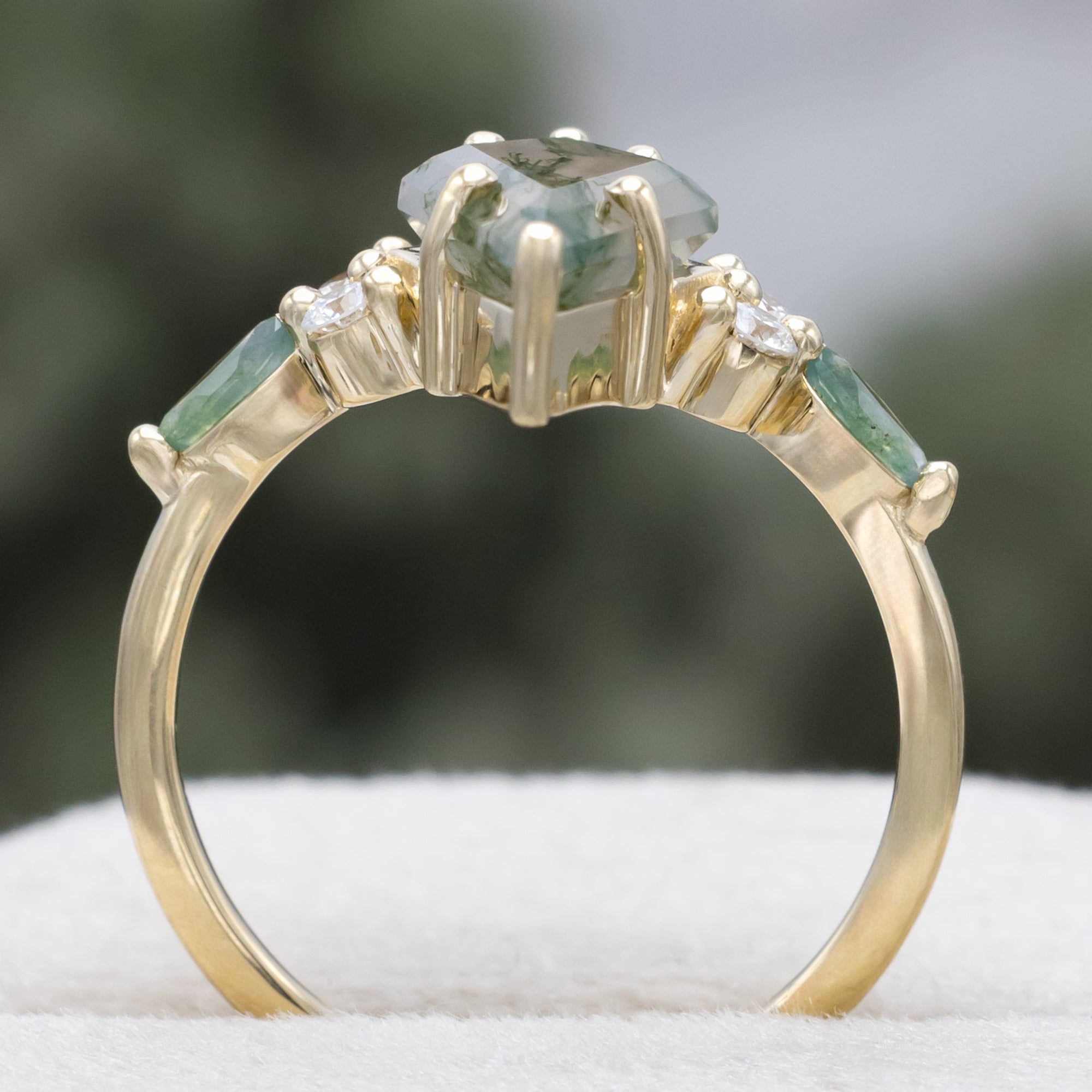"Sage" - Kite Cut Moss Agate Engagement Ring With Diamond & Moss Agate Accents - 14K Yellow Gold - Size 5-Staghead Designs