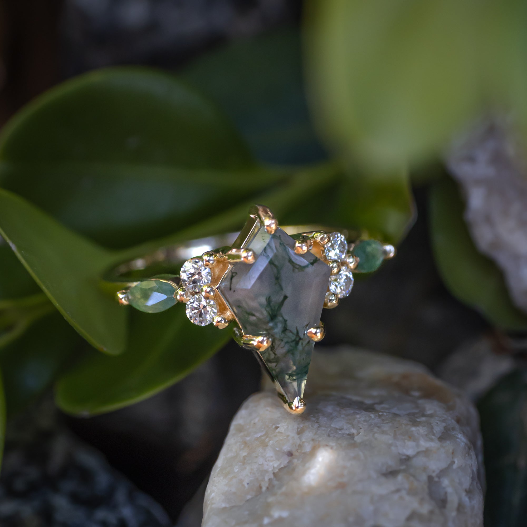"Sage" - Kite Cut Moss Agate Engagement Ring With Diamond & Moss Agate Accents - 14K Yellow Gold - Size 5-Staghead Designs