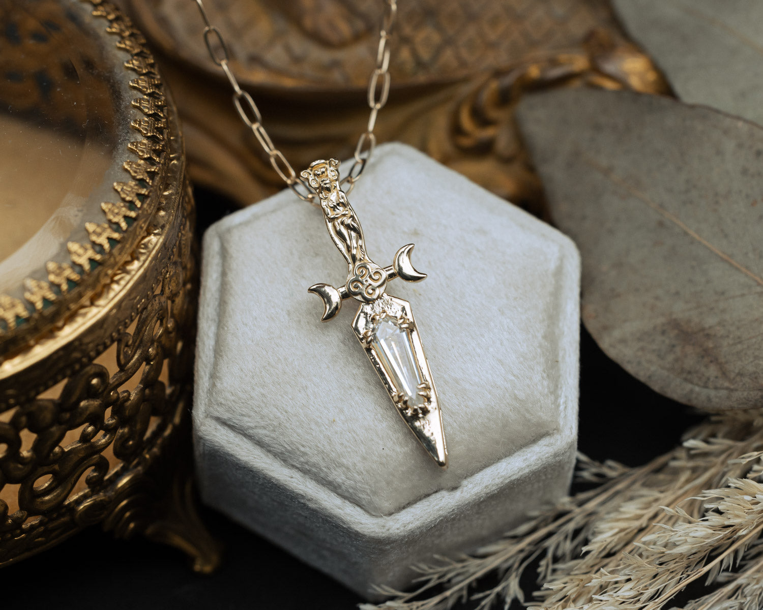 GODDESS DAGGER PENDANT IN 14K GOLD WITH AN ELONGATED KITE CUT MOISSANITE-Staghead Designs