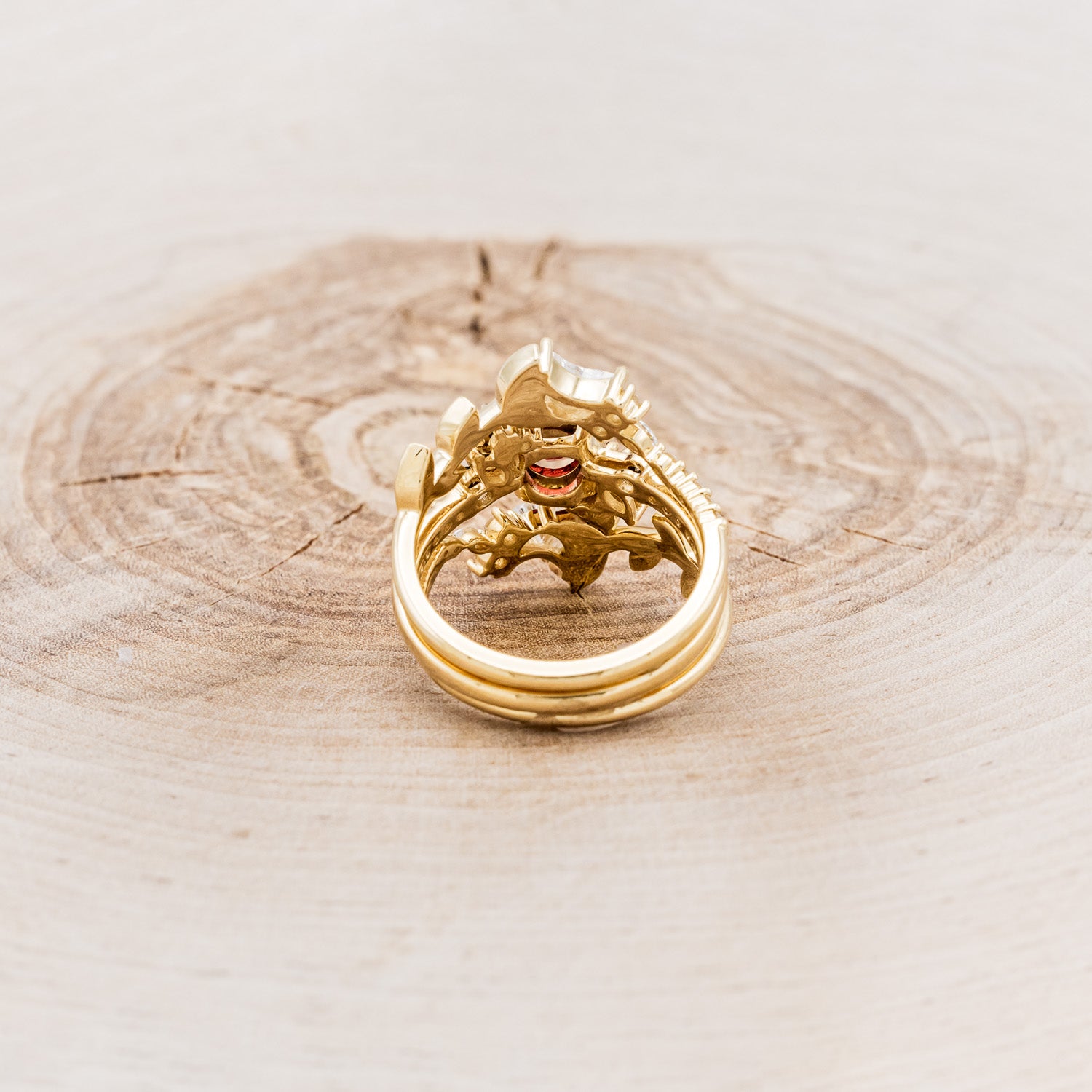 "DEMETER" - BRIDAL SUITE - ROUND GARNET ENGAGEMENT RING WITH BLACK & WHITE DIAMOND ACCENTS & TWO DIAMOND TRACERS WITH CRESCENT MOON ACCENTS-5