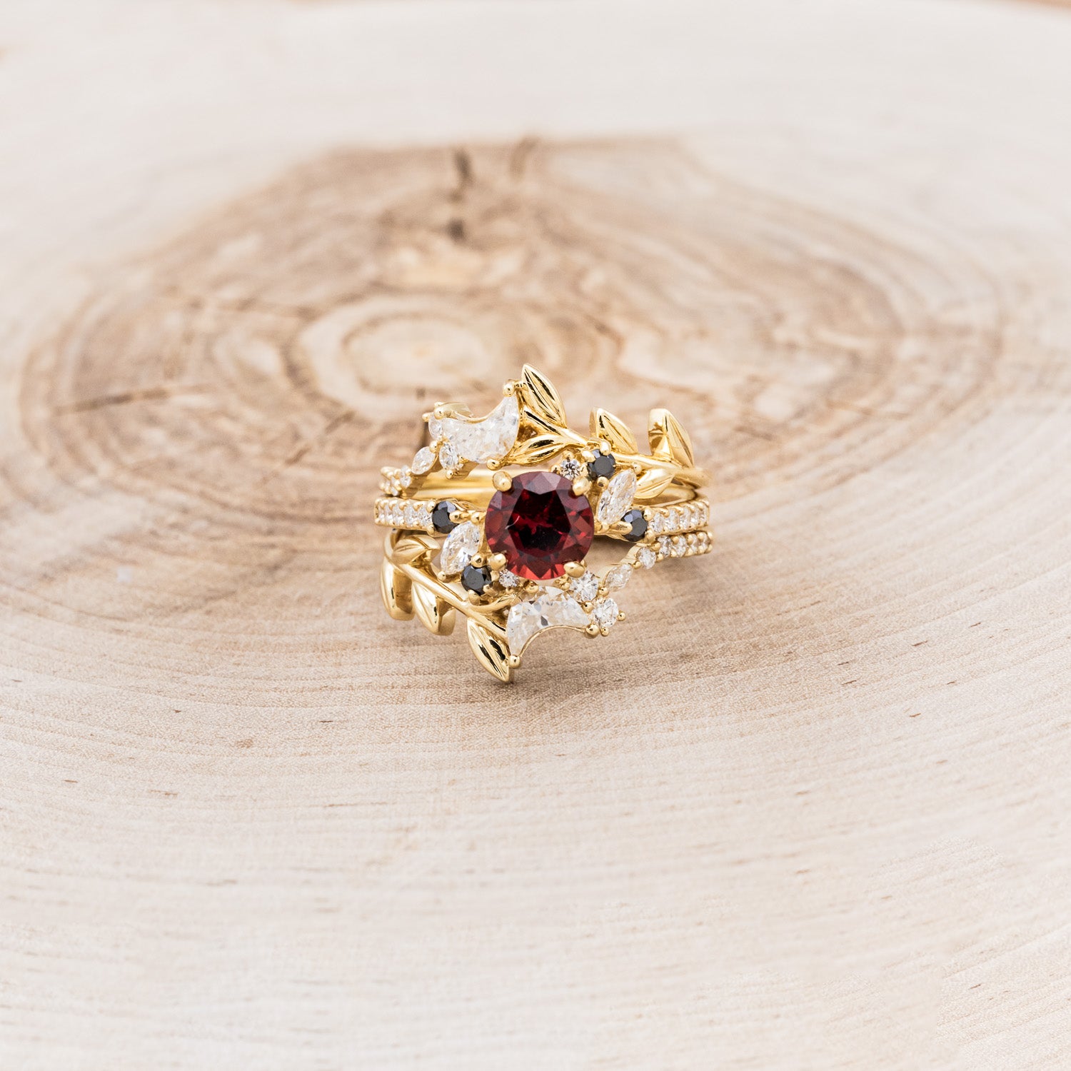 "DEMETER" - BRIDAL SUITE - ROUND GARNET ENGAGEMENT RING WITH BLACK & WHITE DIAMOND ACCENTS & TWO DIAMOND TRACERS WITH CRESCENT MOON ACCENTS-4