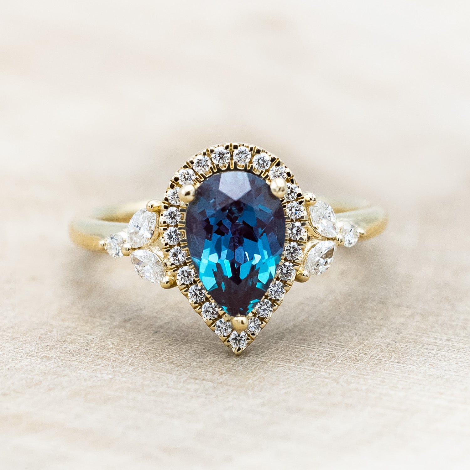 "DREAM" - PEAR CUT LAB-GROWN ALEXANDRITE ENGAGEMENT RING WITH DIAMOND HALO & ACCENTS-Staghead Designs