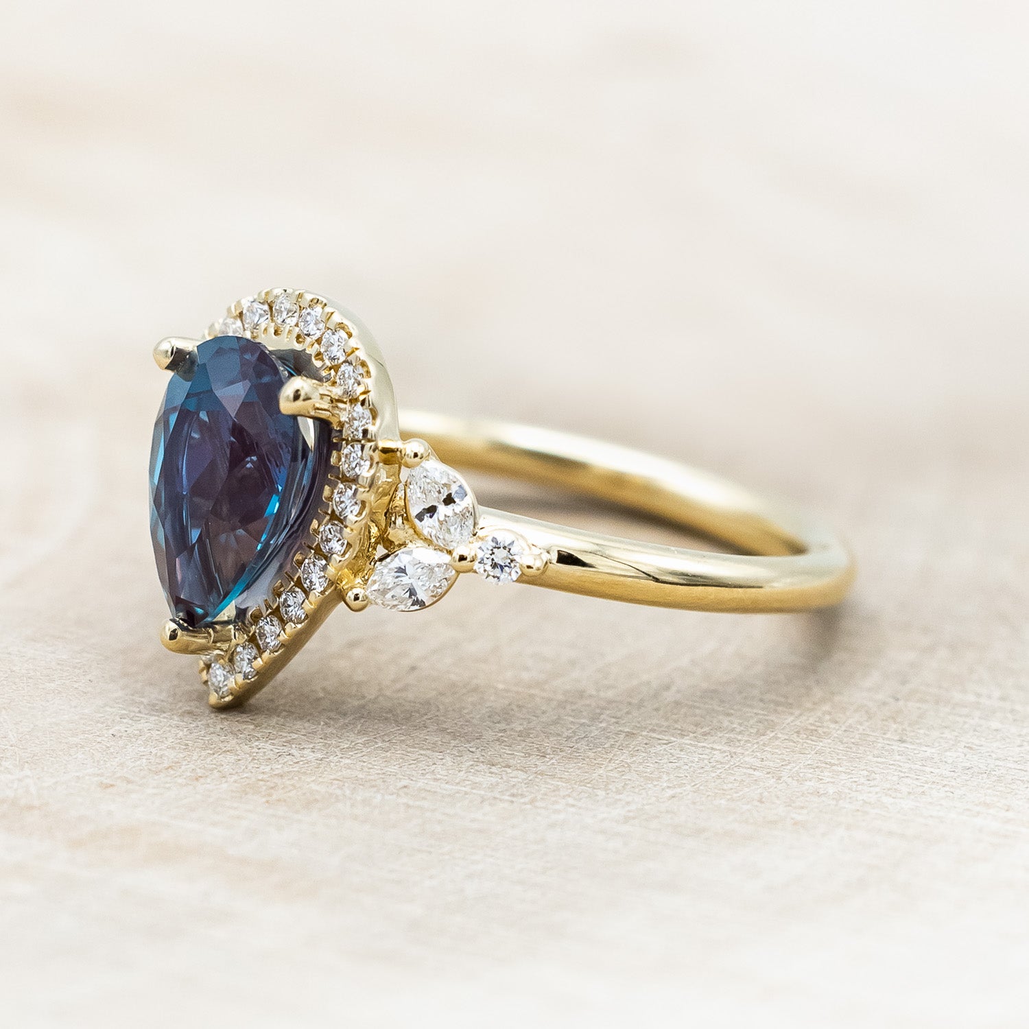"DREAM" - PEAR CUT LAB-GROWN ALEXANDRITE ENGAGEMENT RING WITH DIAMOND HALO & ACCENTS-Staghead Designs