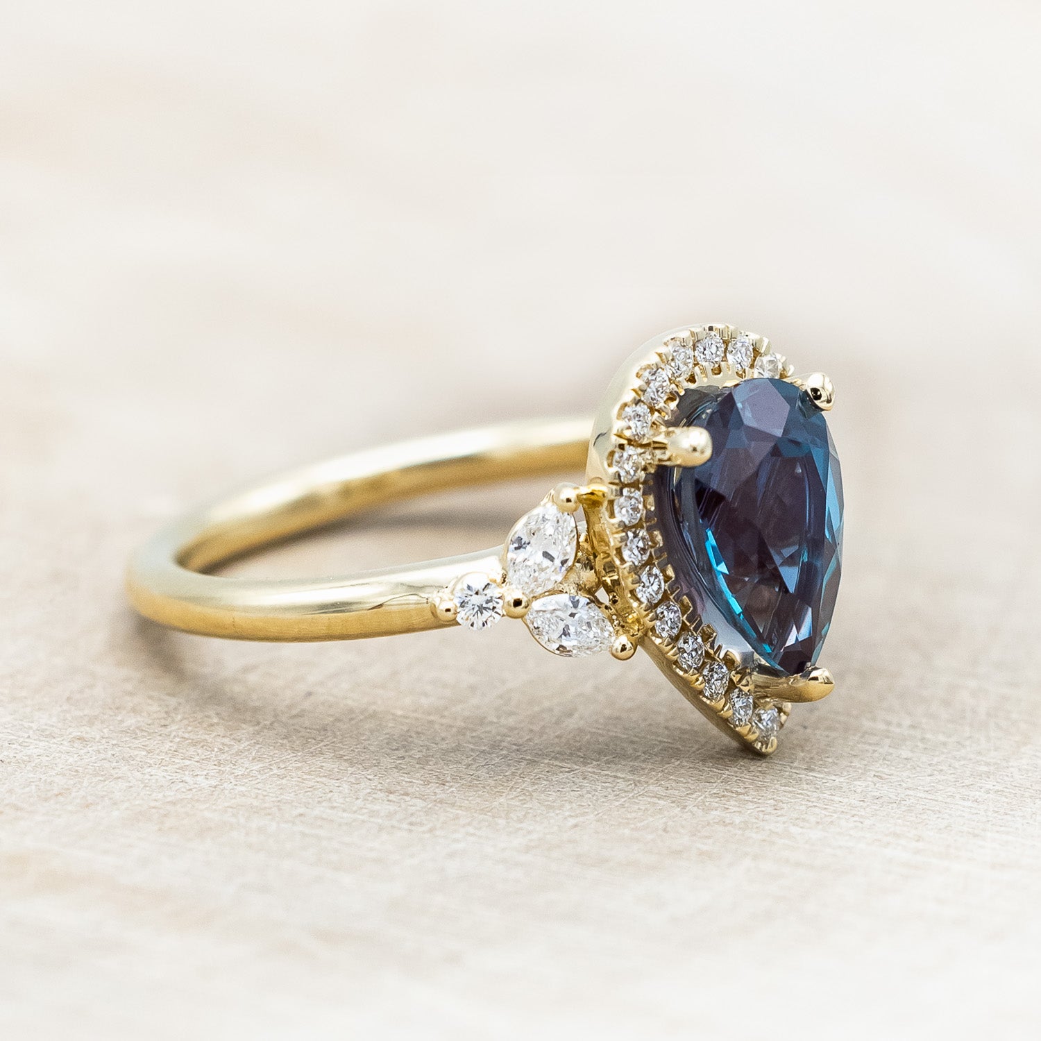 "DREAM" - PEAR CUT LAB-GROWN ALEXANDRITE ENGAGEMENT RING WITH DIAMOND HALO & ACCENTS-Staghead Designs