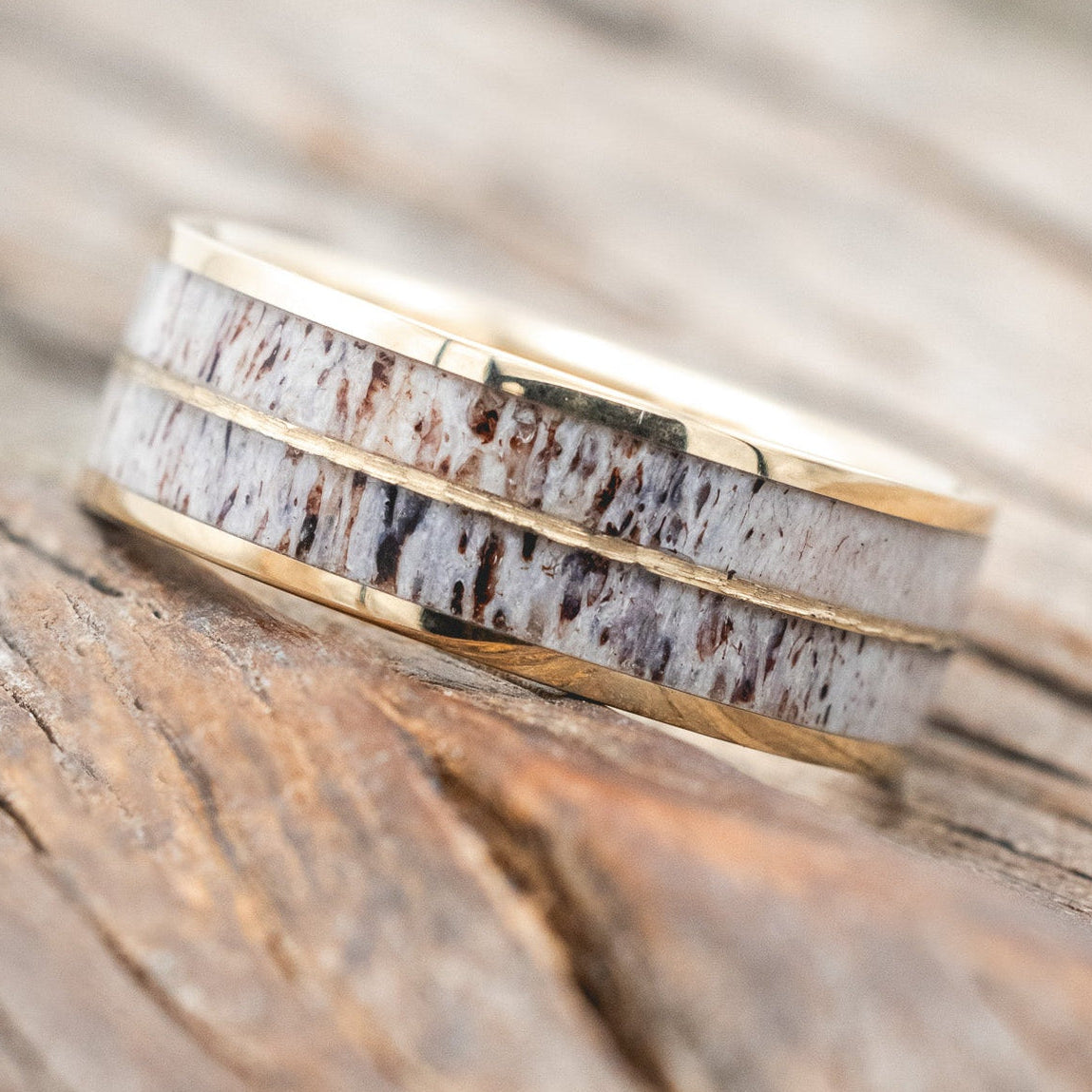 "DYAD" - ANTLER & HAMMERED 14K GOLD INLAY WEDDING BAND-Staghead Designs