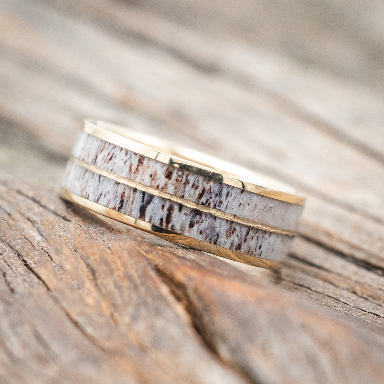 "DYAD" - ANTLER & HAMMERED 14K GOLD INLAY WEDDING BAND-Staghead Designs