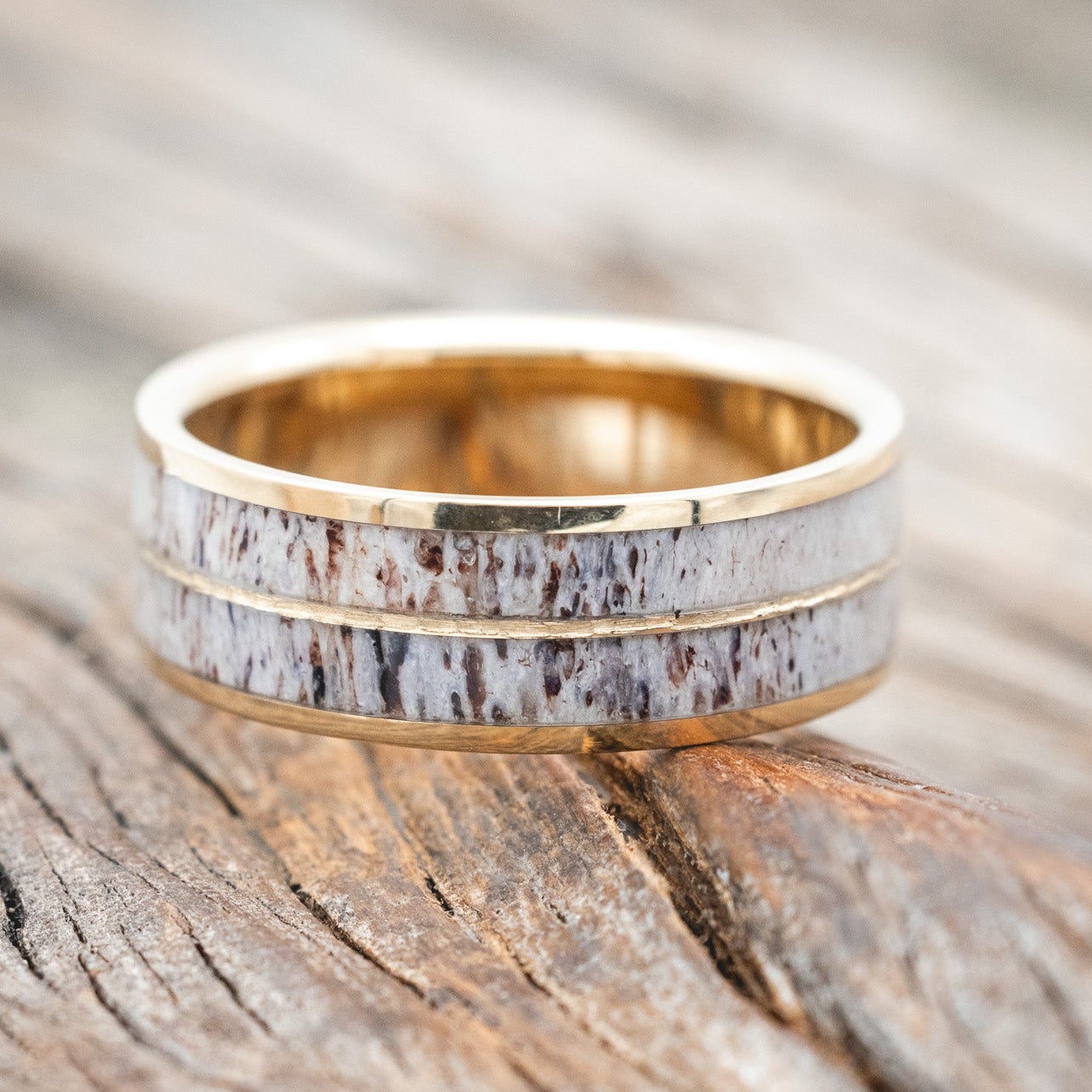 "DYAD" - ANTLER & HAMMERED 14K GOLD INLAY WEDDING BAND-Staghead Designs